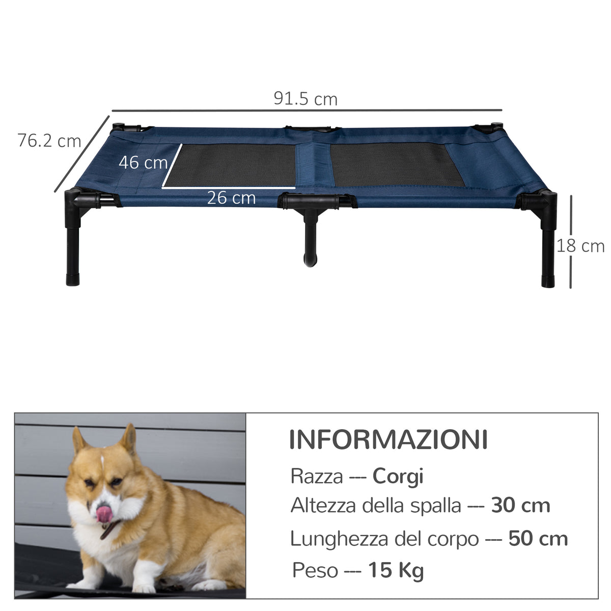 Brandina per Cani Rialzato con 600D Tessuto a Rete, Lettino per Cani Grandi da Viaggio con Peso fino a 30kg, 91.5x76.2x18 cm, Blu