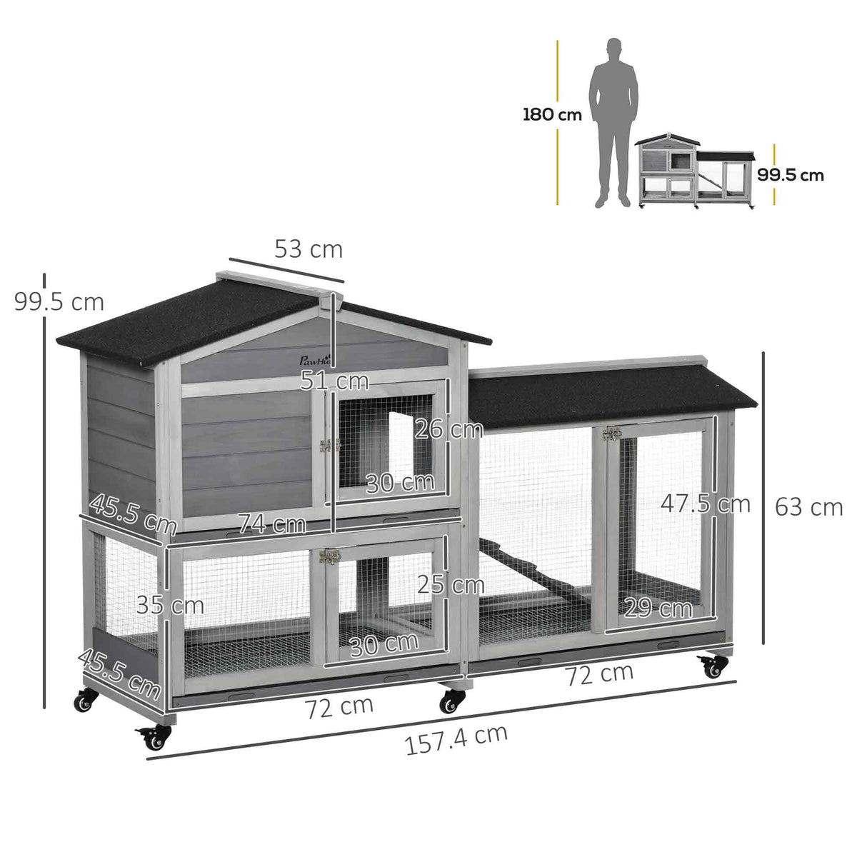 Conigliera a 2 Livelli con Rete Protettiva e Rotelle in Legno e Metallo, 157.4x53x99.5 cm, Grigio