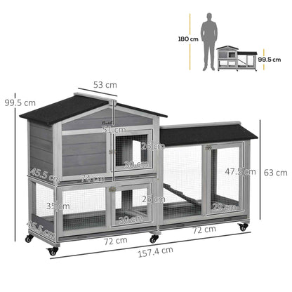 Conigliera a 2 Livelli con Rete Protettiva e Rotelle in Legno e Metallo, 157.4x53x99.5 cm, Grigio
