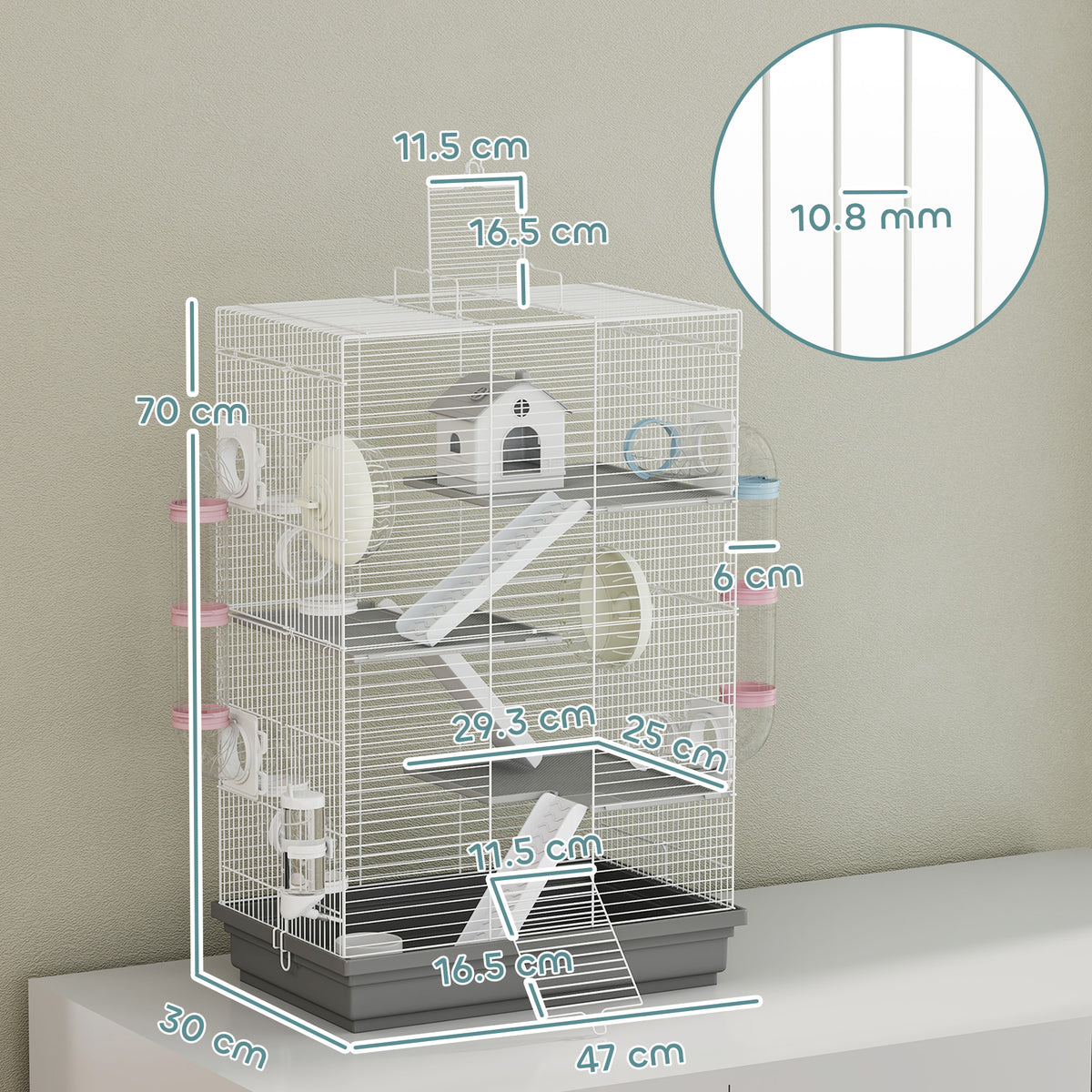Gabbia per Criceti a 4 Livelli e 16 Tubi con Casetta, Rampa, e Accessori, in Metallo e Plastica, 47x30x70 cm, Grigio