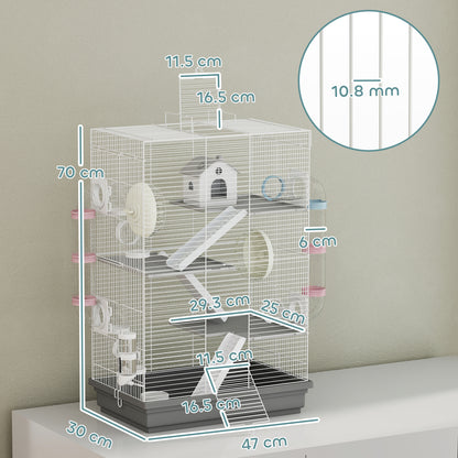 Gabbia per Criceti a 4 Livelli e 16 Tubi con Casetta, Rampa, e Accessori, in Metallo e Plastica, 47x30x70 cm, Grigio