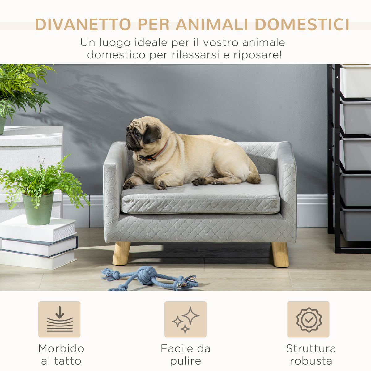 Divanetto per Cani e Gatti Stile Scandinavo con Cuscino Imbottito in Velluto e Legno, 64x45x36cm, Grigio