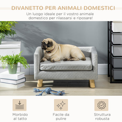 Divanetto per Cani e Gatti Stile Scandinavo con Cuscino Imbottito in Velluto e Legno, 64x45x36cm, Grigio