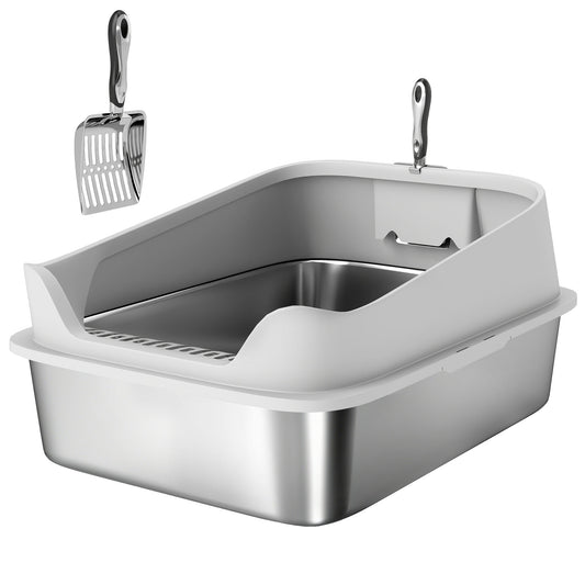 Lettiera per Gatti XXL in Acciaio Inox con Paletta, Lati Alti, Antiperdita, Antiodore, Fino a 12 kg, Grigio
