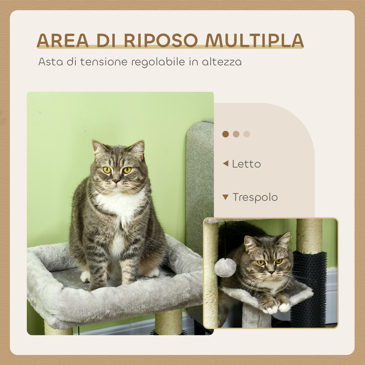 Albero Tiragraffi con Lettino, Piattaforma, Spazzola e Palo in Sisal, 40x40x48 cm, Grigio