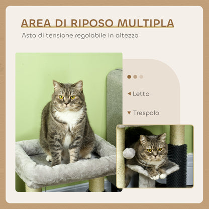 Albero Tiragraffi con Lettino, Piattaforma, Spazzola e Palo in Sisal, 40x40x48 cm, Grigio