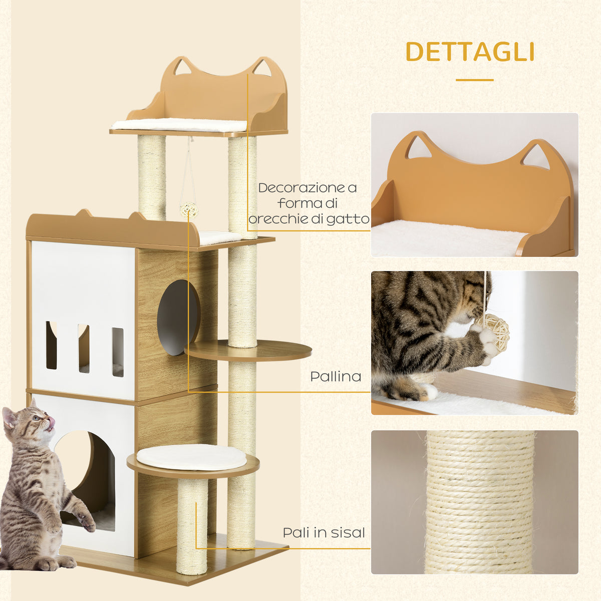 Albero per Gatti in MDF con Tiragraffi per Gatti, 2 Casette per Gatti, Posatoi e Pallina da Gioco, 60x48x133 cm