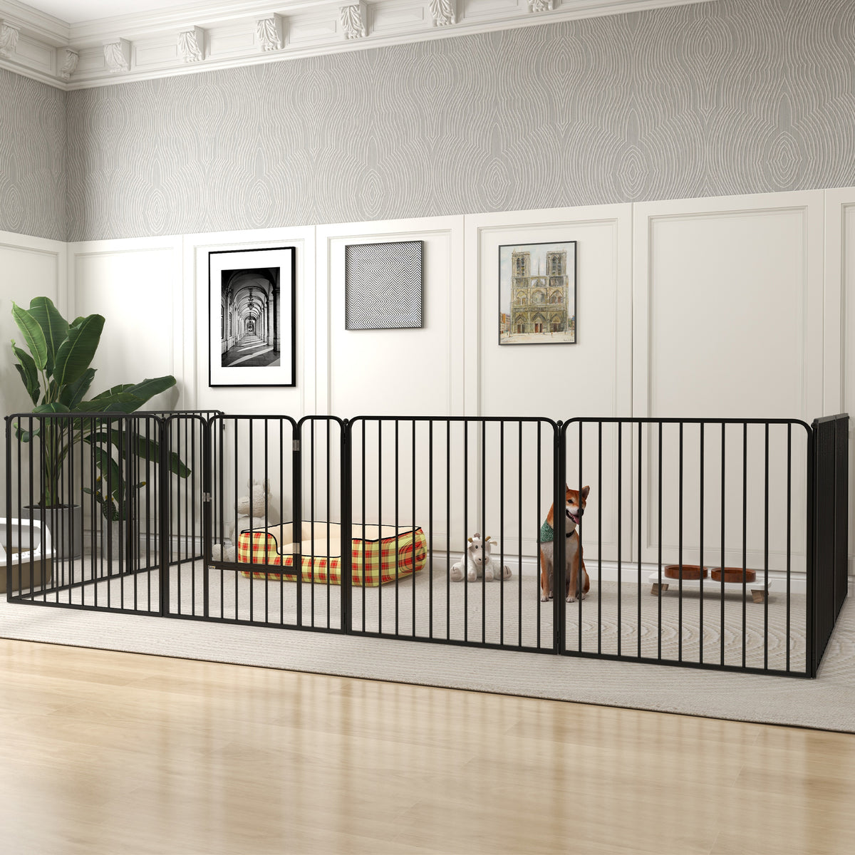 Box per Cani a 8 Pannelli Modulabili da Interno ed Esterno con 9 Picchetti, in Acciaio, 164x164x80 cm, Nero