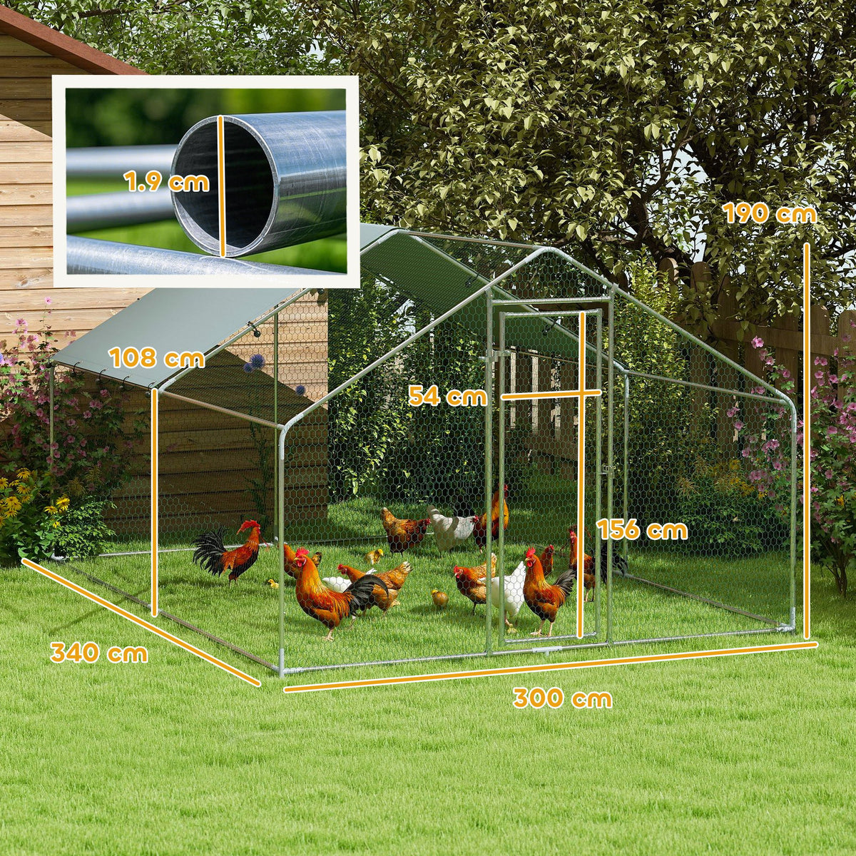 Recinto per Galline da 10.2m per 10-15 Galline con Tetto Impermeabile, in Acciaio e Tessuto, 3x3.4x1.9 m, Argento