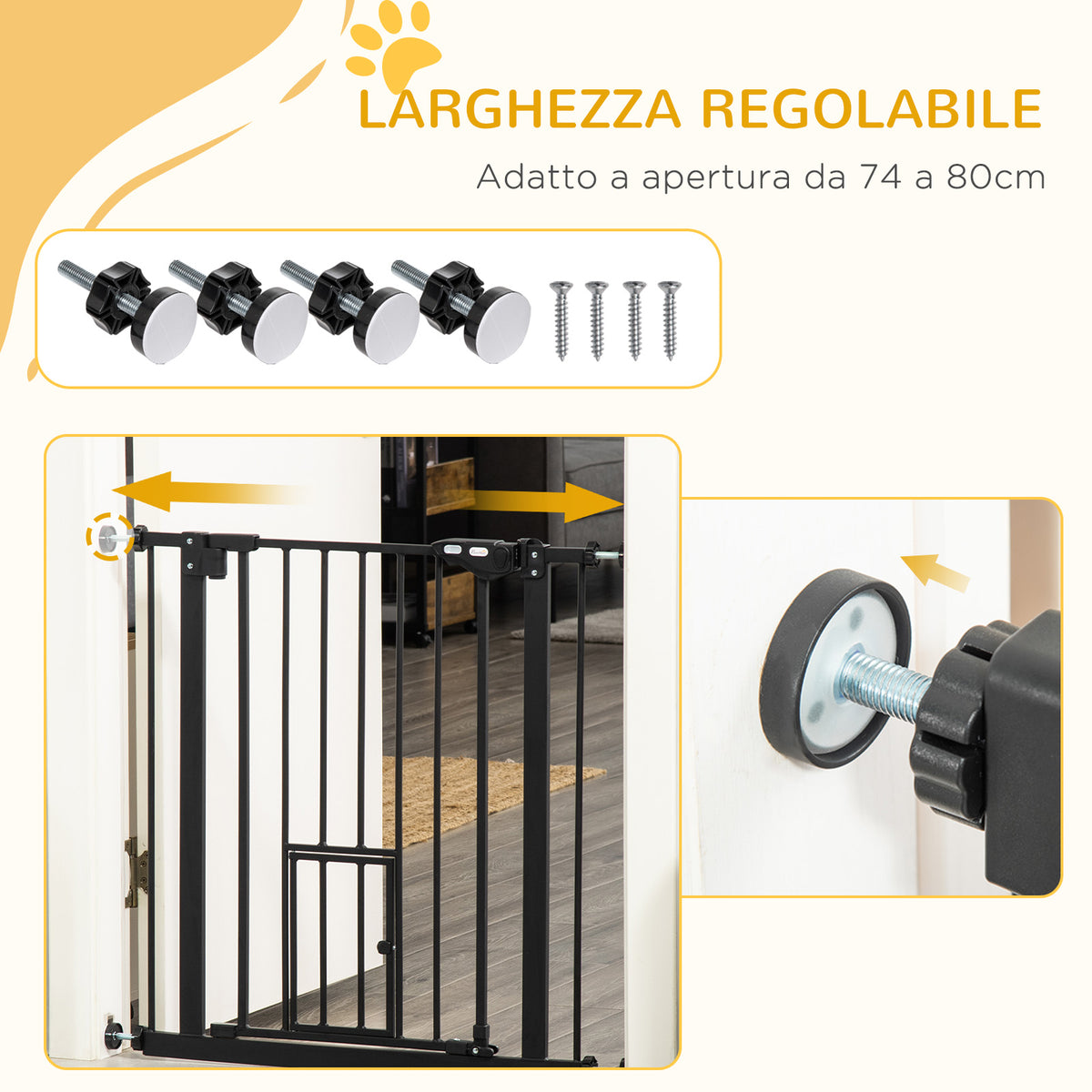 Cancelletto per Cani Estensibile con Fissaggio a Pressione e Chiusura Automatica, 68x76.2 cm, Nero