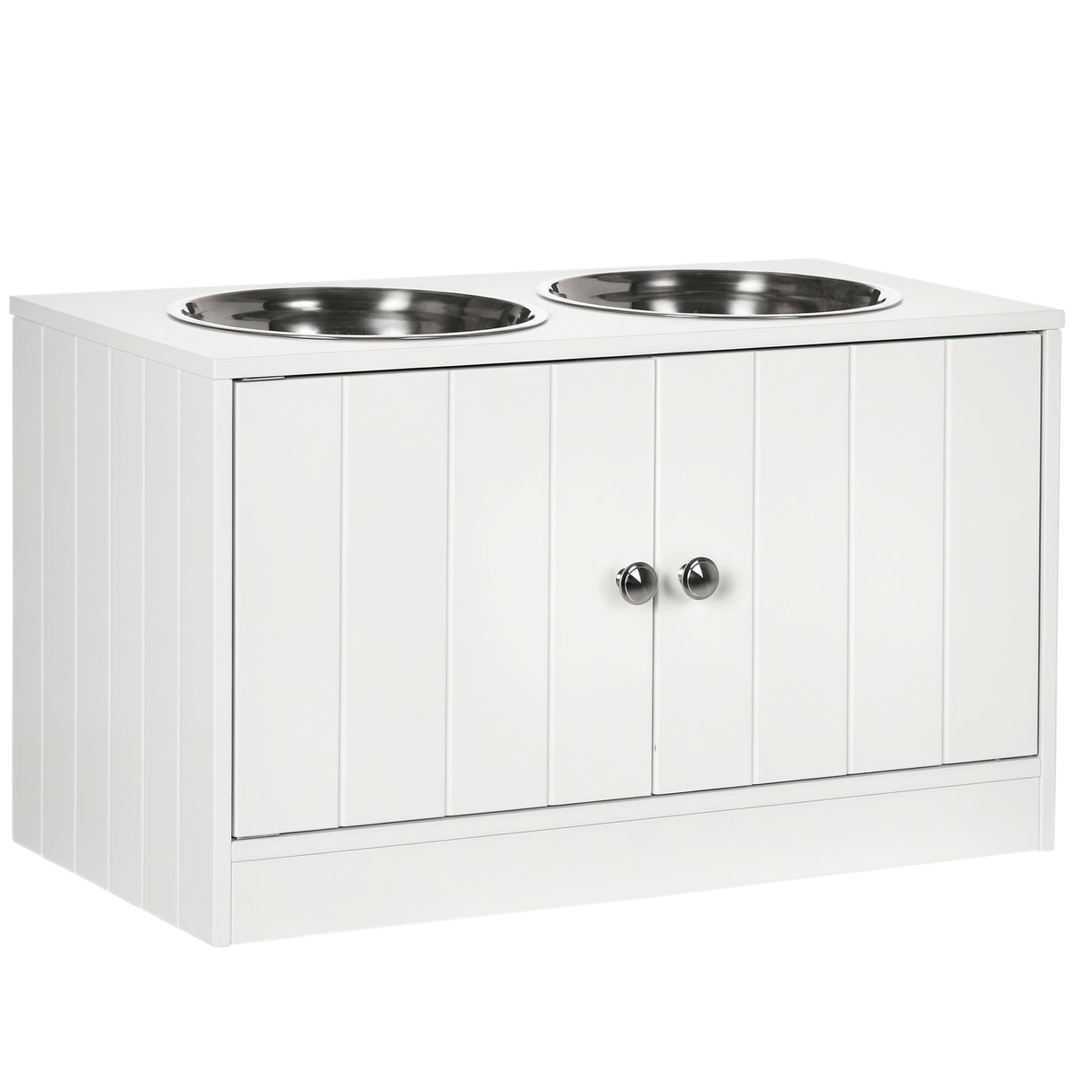 Ciotole per Cani Rialzate con Armadietto da 44L e 2 Ciotole in Acciaio, 60x30x35.5cm, Bianco