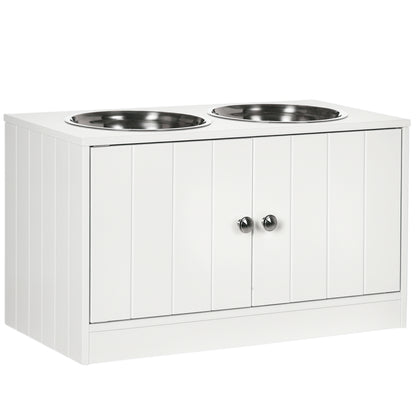 Ciotole per Cani Rialzate con Armadietto da 44L e 2 Ciotole in Acciaio, 60x30x35.5cm, Bianco
