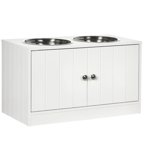 Ciotole per Cani Rialzate con Armadietto da 44L e 2 Ciotole in Acciaio, 60x30x35.5cm, Bianco