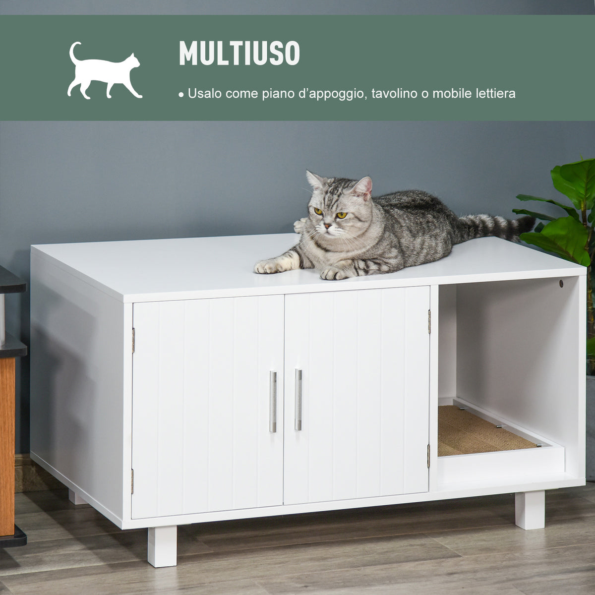 Mobile per Lettiera Gatti in Legno con 2 Ante e Apertura Laterale con Tiragraffi, Bianco