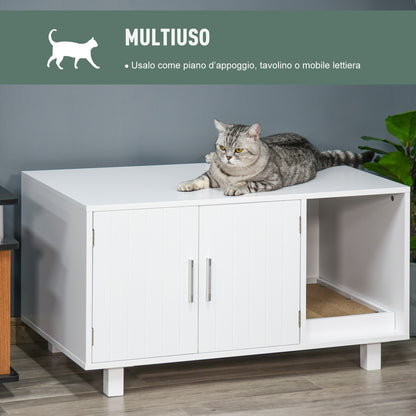 Mobile per Lettiera Gatti in Legno con 2 Ante e Apertura Laterale con Tiragraffi, Bianco