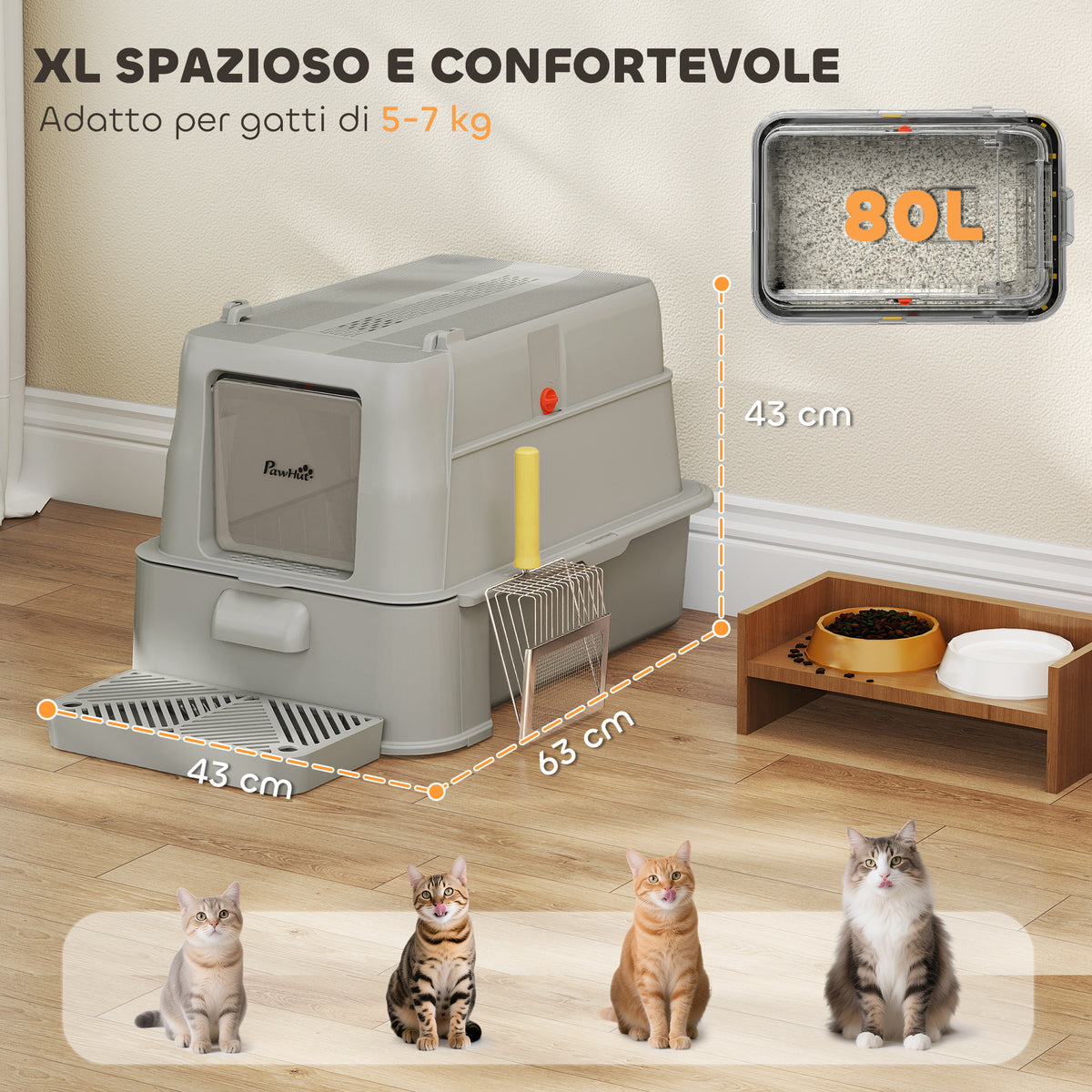 Lettiera per Gatti Chiusa da 80L con Vassoio Estraibile, in ABS e Acciaio Inox, 63x43x43 cm, Grigio Chiaro