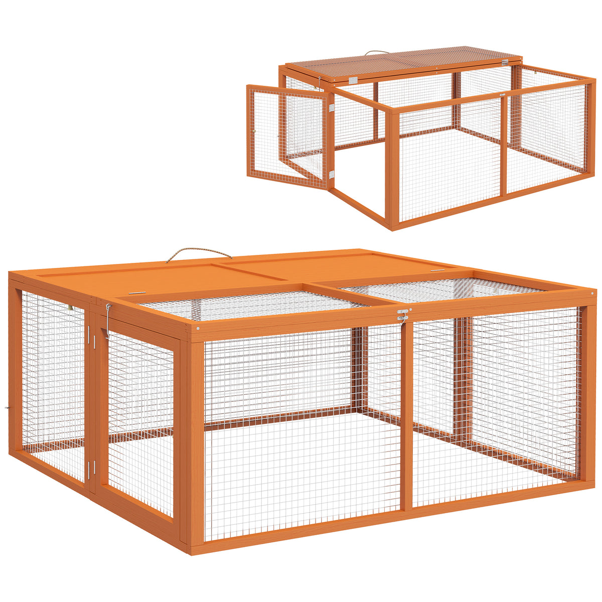 Conigliera da Esterno Pieghevole per 2-3 Roditori con Ingressi Multipli, in Legno e Acciaio, 110x105x50 cm, Arancione