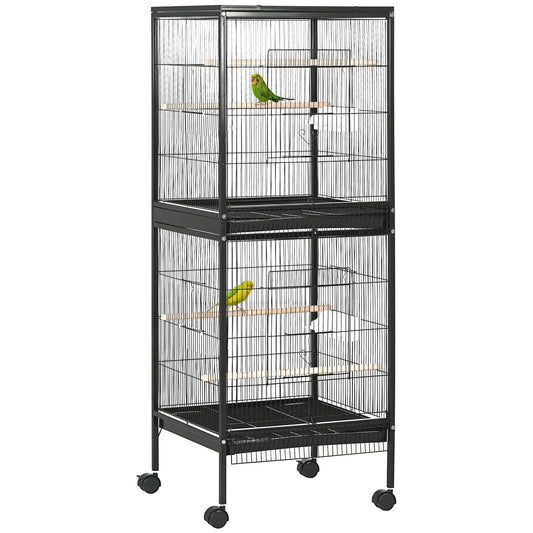 Gabbia Voliera per Uccelli per Interni con Ruote e Vassoi Estraibili, 51.5x50x140 cm, Nero