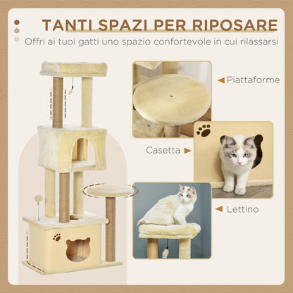 Albero Tiragraffi per Gatti Alto 136 cm con Cuccia Rimovibile, Casetta e Lettino, Pali in Iuta, Beige