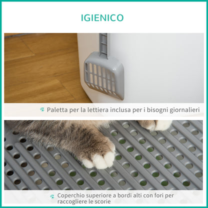 Lettiera per Gatti Chiusa a 2 Ingressi con Vassoio e Paletta, in Plastica PE, 44x55x39 cm, Bianco