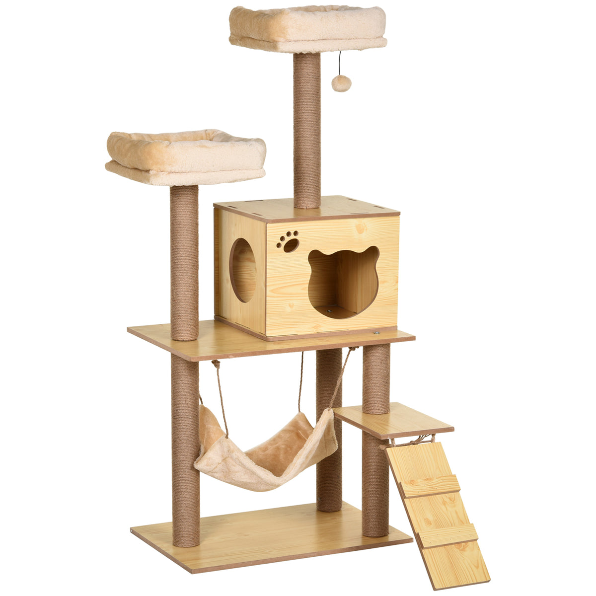 Albero Tiragraffi per Gatti con Casetta, 2 Lettini, Amaca e Pallina, in Legno, Poliestere e Sisal, 60x40x130 cm