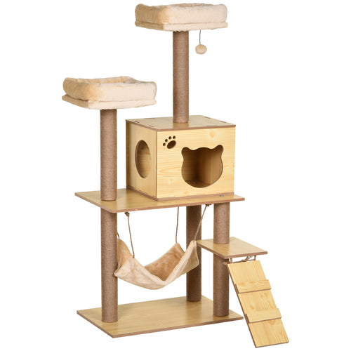 Albero Tiragraffi per Gatti con Casetta, 2 Lettini, Amaca e Pallina, in Legno, Poliestere e Sisal, 60x40x130 cm