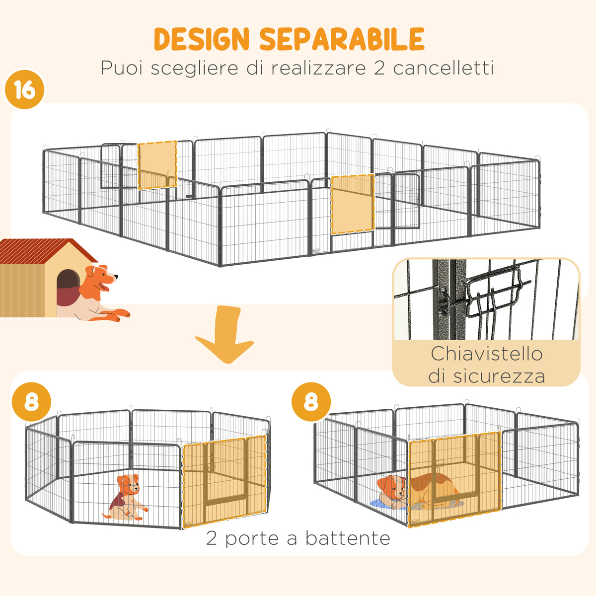 Recinto per Cani e Cuccioli con 16 Pannelli Modulabili e 2 Ingressi, 80x1.5x60cm