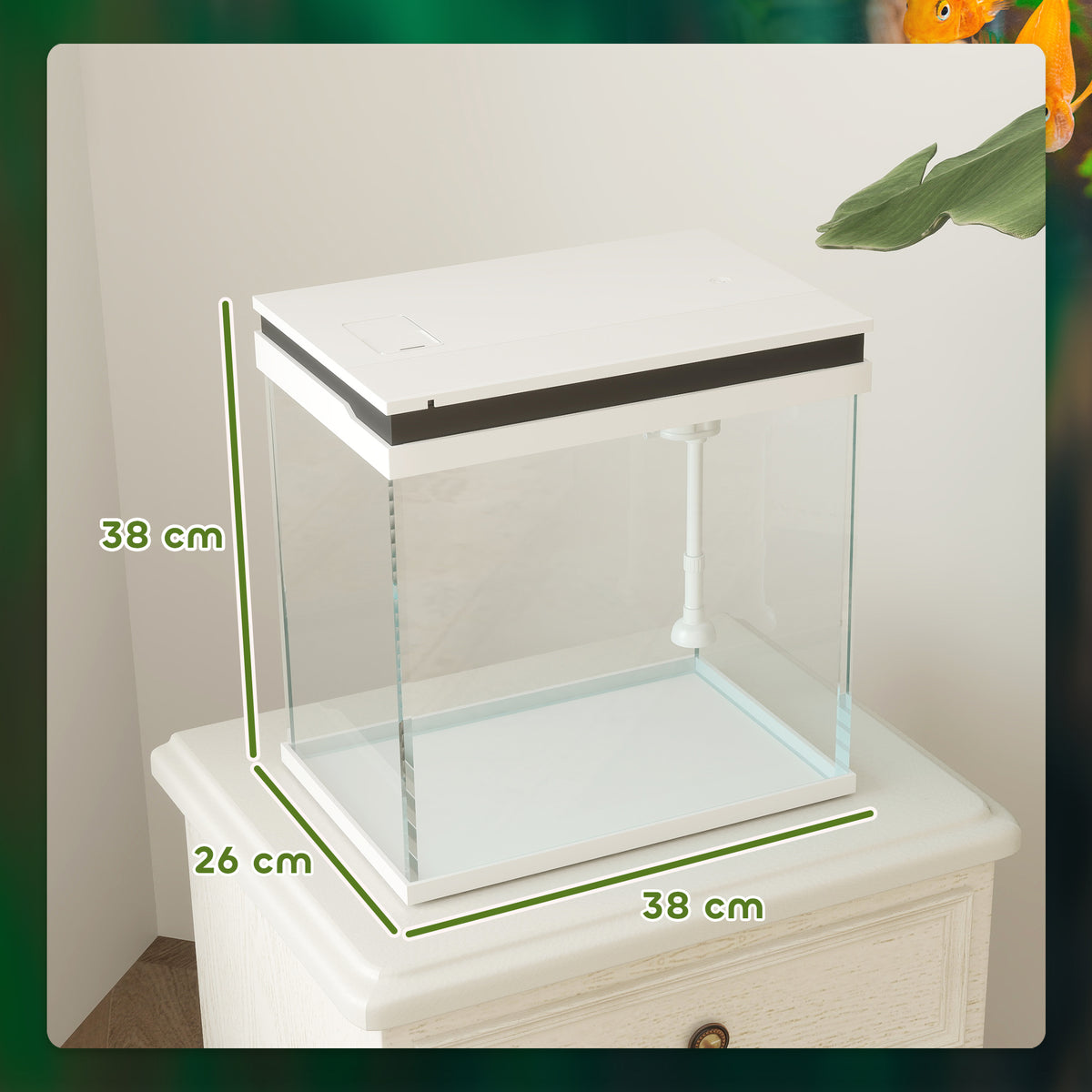 Acquario per Pesci Rossi 26L con Luci LED, Sistema di Filtraggio e Pompa d'Acqua, 38x26x38 cm, Bianco