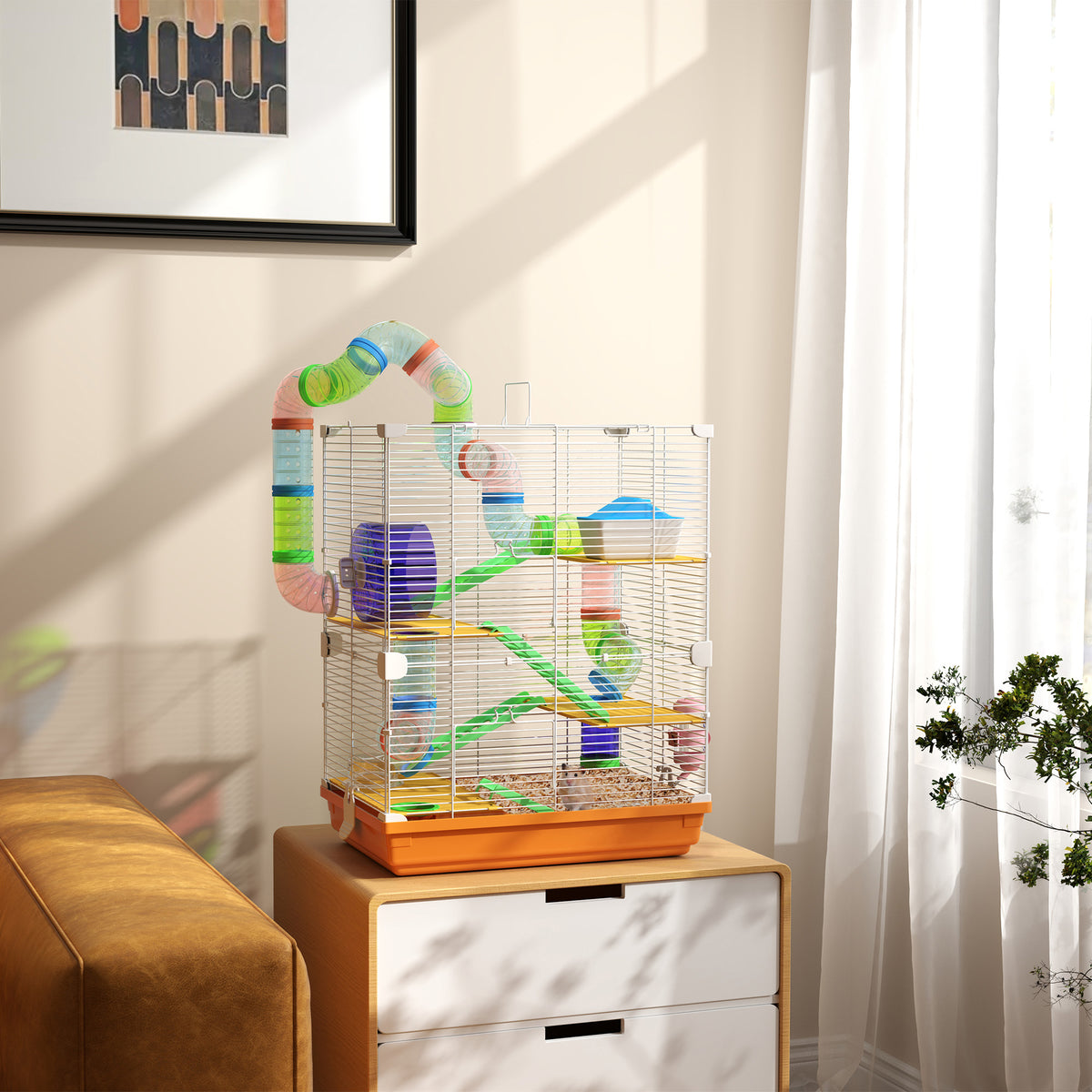 Gabbia per Criceti a 5 Livelli con Tubi, Ruota, Scale, Casetta e Bottiglia, 46x30x58 cm, Arancione