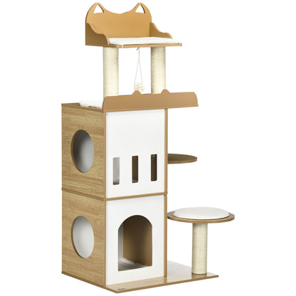 Albero per Gatti in MDF con Tiragraffi per Gatti, 2 Casette per Gatti, Posatoi e Pallina da Gioco, 60x48x133 cm