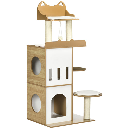 Albero per Gatti in MDF con Tiragraffi per Gatti, 2 Casette per Gatti, Posatoi e Pallina da Gioco, 60x48x133 cm