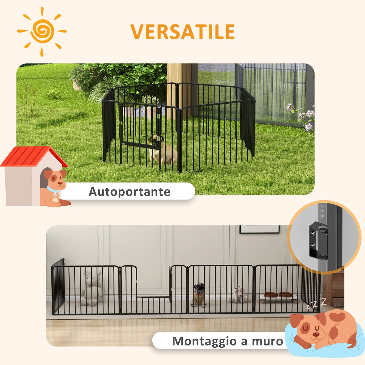 Recinto per Cani a 6 Pannelli Modulabili da Interno ed Esterno, in Acciaio, 164x83x60 cm, Nero