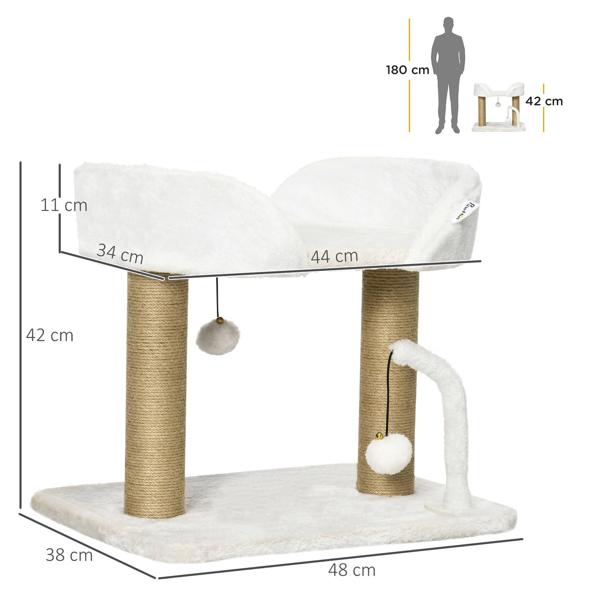 Torre per Gatti max 5kg in Truciolato con Tiragraffi e Palline Giocattolo, 48x38x42 cm, Giallo e Bianco