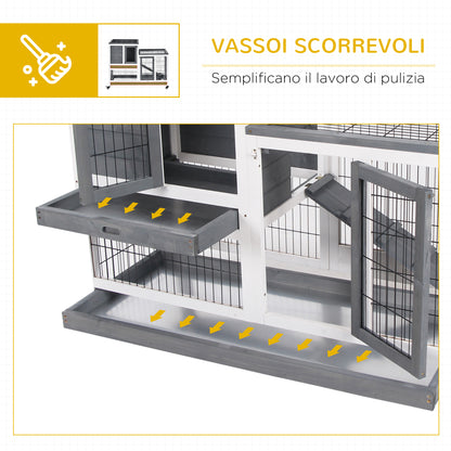 Conigliera in Legno con Ruote, Vassoi Estraibili e Casetta con Rampa, 110x50x88 cm, Grigio e Bianco