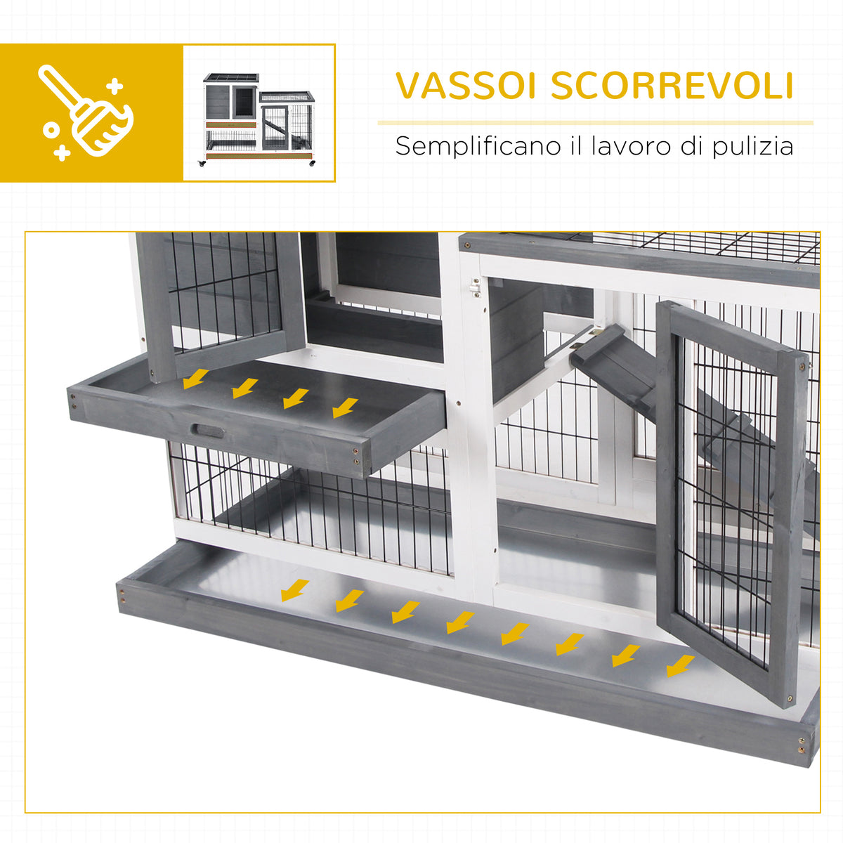 Conigliera in Legno con Ruote, Vassoi Estraibili e Casetta con Rampa, 110x50x88 cm, Grigio e Bianco