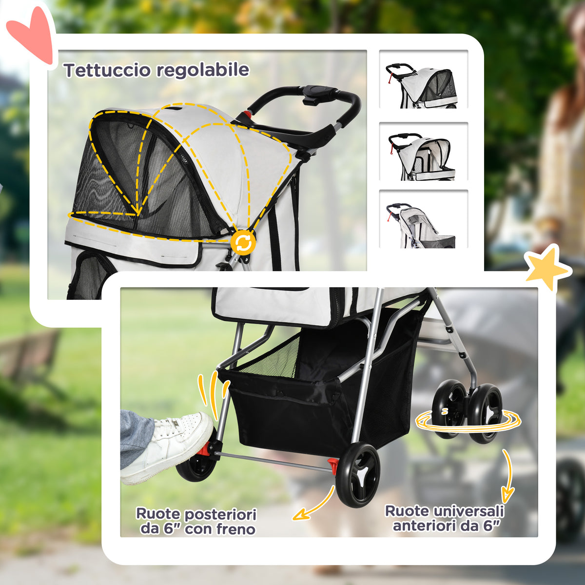 Passeggino per Cani Pieghevole con 3 Reti e Cerniera, in Ferro e Tessuto Oxford, 77x45x99.5 cm, Grigio