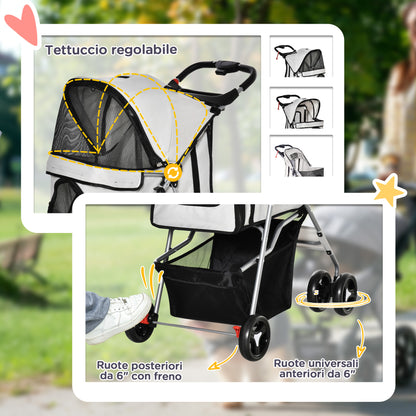 Passeggino per Cani Pieghevole con 3 Reti e Cerniera, in Ferro e Tessuto Oxford, 77x45x99.5 cm, Grigio