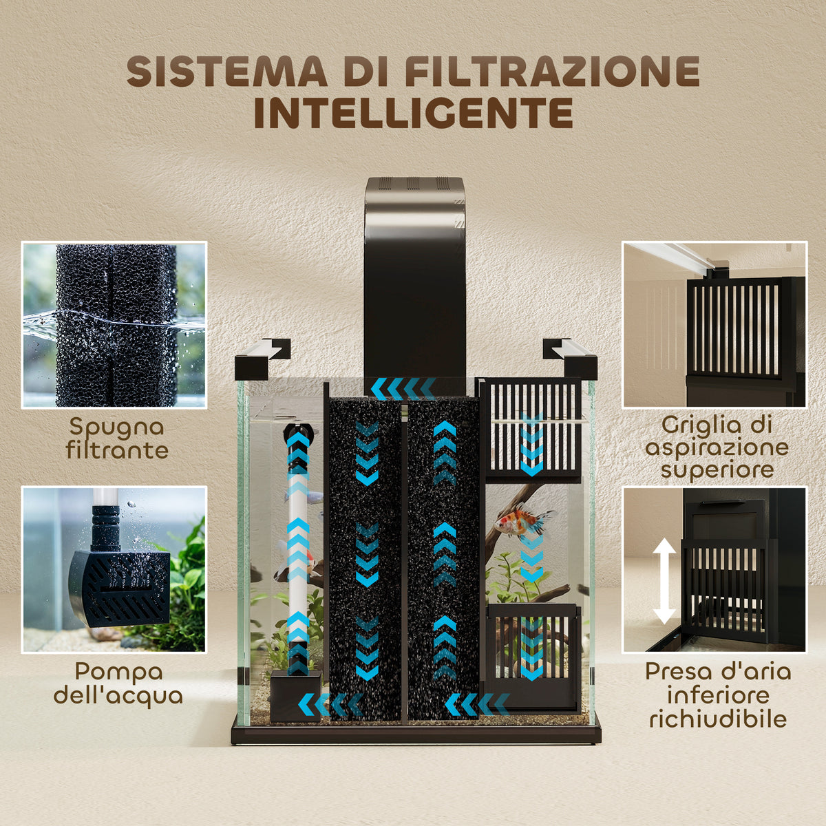 Acquario Casalingo da 24L in Vetro Temperato con Filtro Integrato e Luce LED, 45x25x25.5 cm, Nero