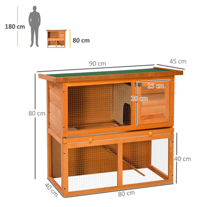 Gabbia per Conigli a Due Piani, Conigliera da Esterno con Casetta per Conigli in Legno di Abete, 90x45x80 cm