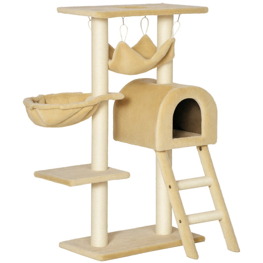 Tiragraffi per Gatti Multilivello con Amaca e Casetta, Corde in Sisal Naturale, 5530100cm
