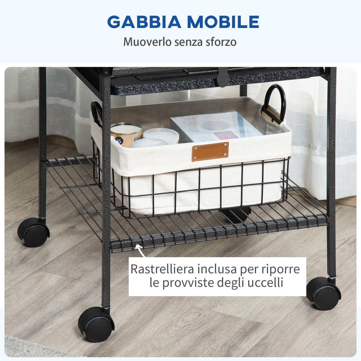 Gabbia per Pappagallini con 2 Posatoi e Scala ad Arco, in Acciaio, 62.5x62.5x156 cm, Grigia