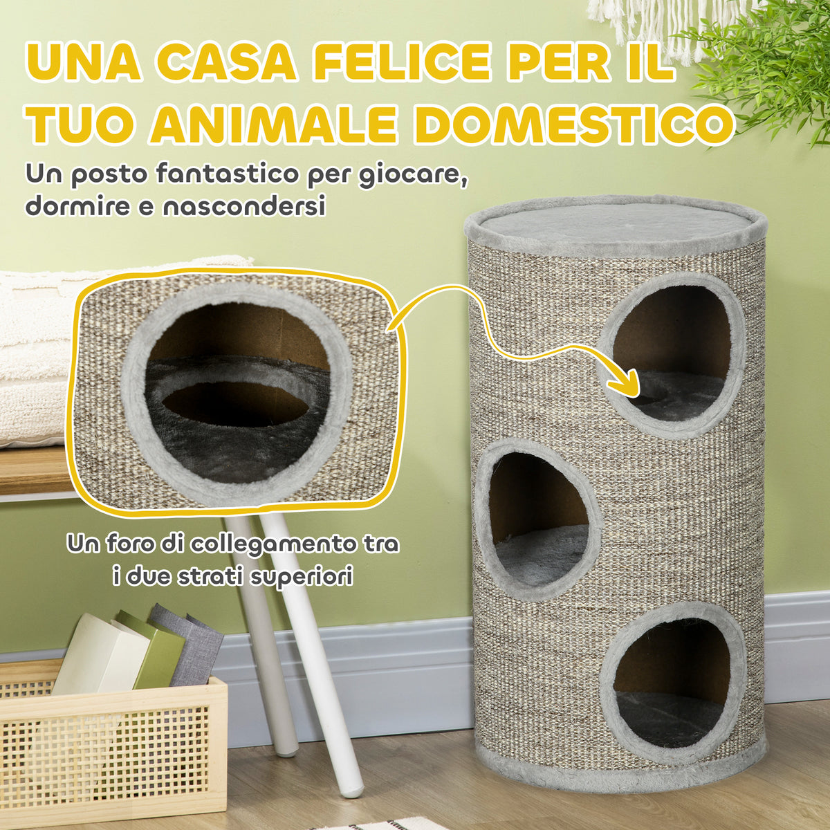 Cuccia per Gatti a 3 Livelli con Tiragraffi in Sisal e Peluche, 38x70cm, Grigio Chiaro