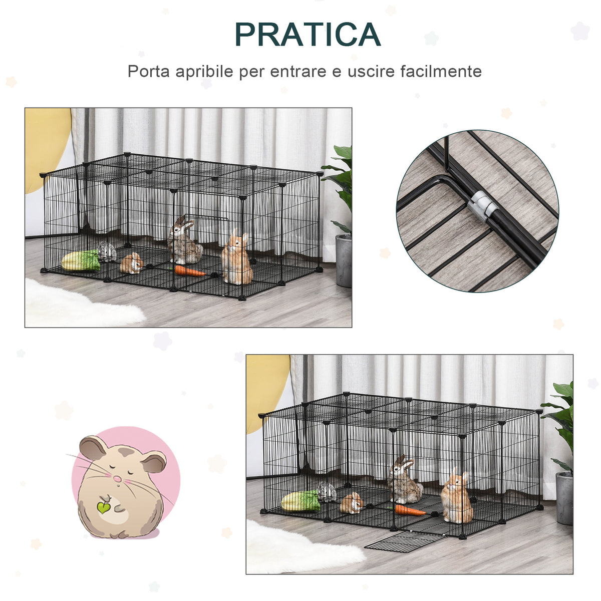 Gabbia per Conigli e Piccoli Animali, 22 Pannelli Modulabili in Metallo con Porta, Nero, 105 x 70 x 45cm