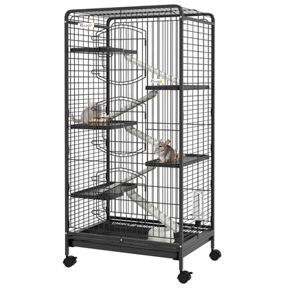 Gabbia per Piccoli Animali con Ruote, 5 Rampe e 5 Piattaforme, Ciotola e Bottiglia, 61.5x44x131 cm, Nero