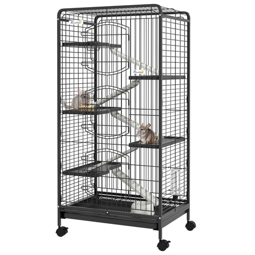 Gabbia per Piccoli Animali con Ruote, 5 Rampe e 5 Piattaforme, Ciotola e Bottiglia, 61.5x44x131 cm, Nero