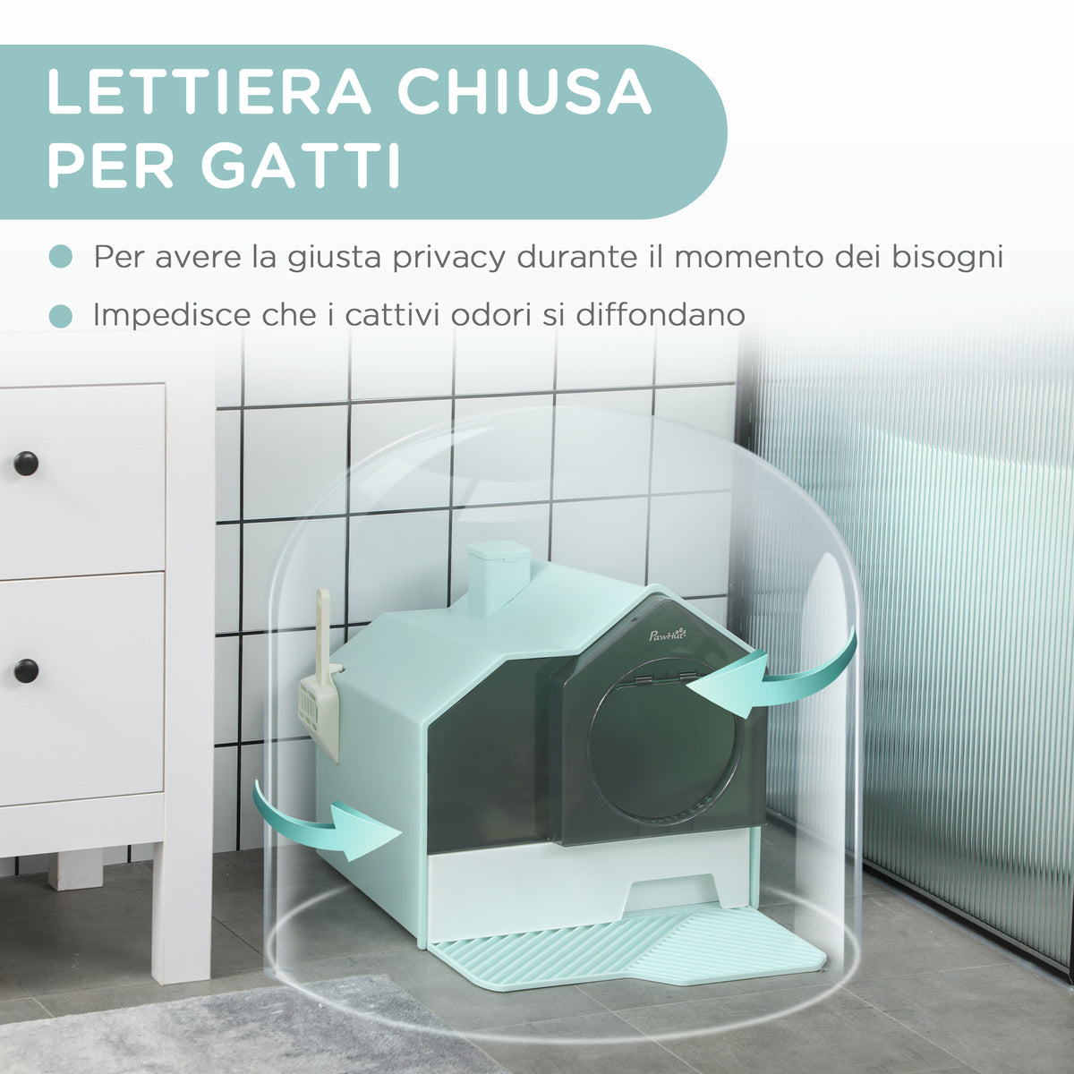 Lettiera per Gatti Chiusa con Vassoio Estraibile, Tappetino e Paletta, 47x45x42cm, Azzurro