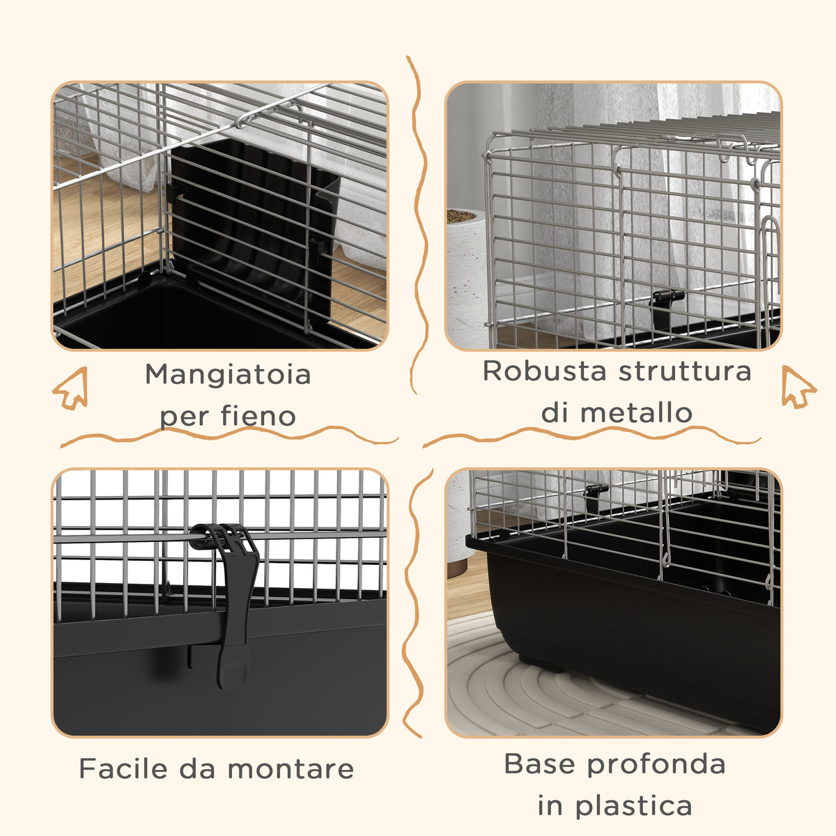 Gabbia per Conigli a 2 Porte con Vassoio Rimovibile, in Metallo e Plastica PP, 100x55x41 cm, Nero e Argento