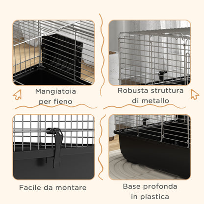 Gabbia per Conigli a 2 Porte con Vassoio Rimovibile, in Metallo e Plastica PP, 100x55x41 cm, Nero e Argento