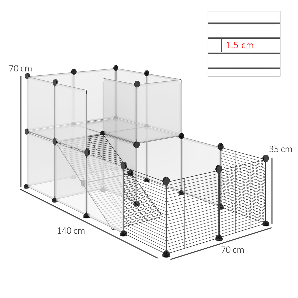 Recinto per Animali Modulabile con Pannelli 35x35 cm e Accessori, in Acciaio e PP, 140x70x70 cm, Nero