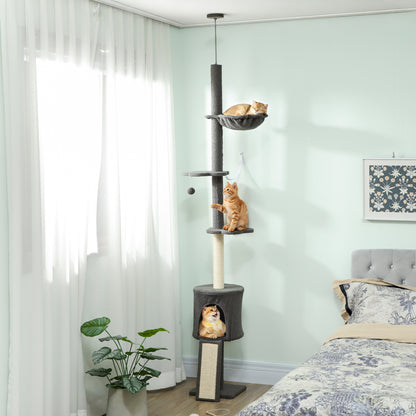 Albero per Gatti a Soffitto Alto 220-240 cm con Amaca, Casetta, Piattaforme a Fiore e Pali in Sisal, Grigio